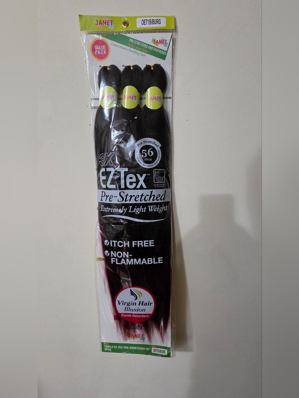 Janet EZTex Pre-Stretched 56" Synthetic Hair - Black with Burgundy Tips pc of 2
